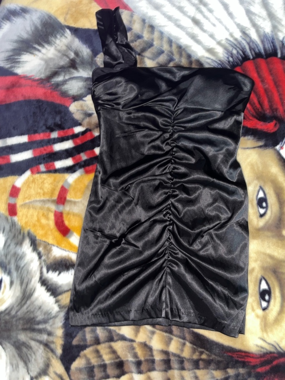 Onyx Black One-Shoulder Ruched Satin Mini Dress